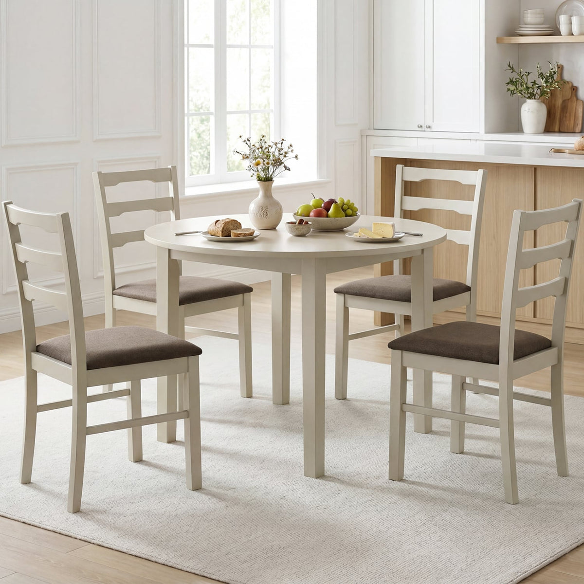 Set of 4 Linen Style Upholstered Dining Chairs with Wood Frames-White view 3