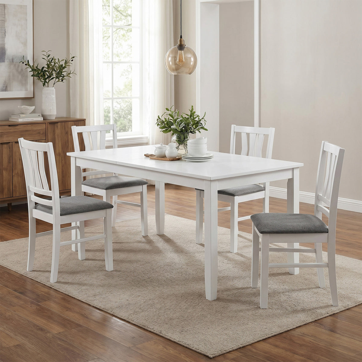 Set of 4 Linen Style Upholstered Kitchen Chairs with Wood Frames-White view 2