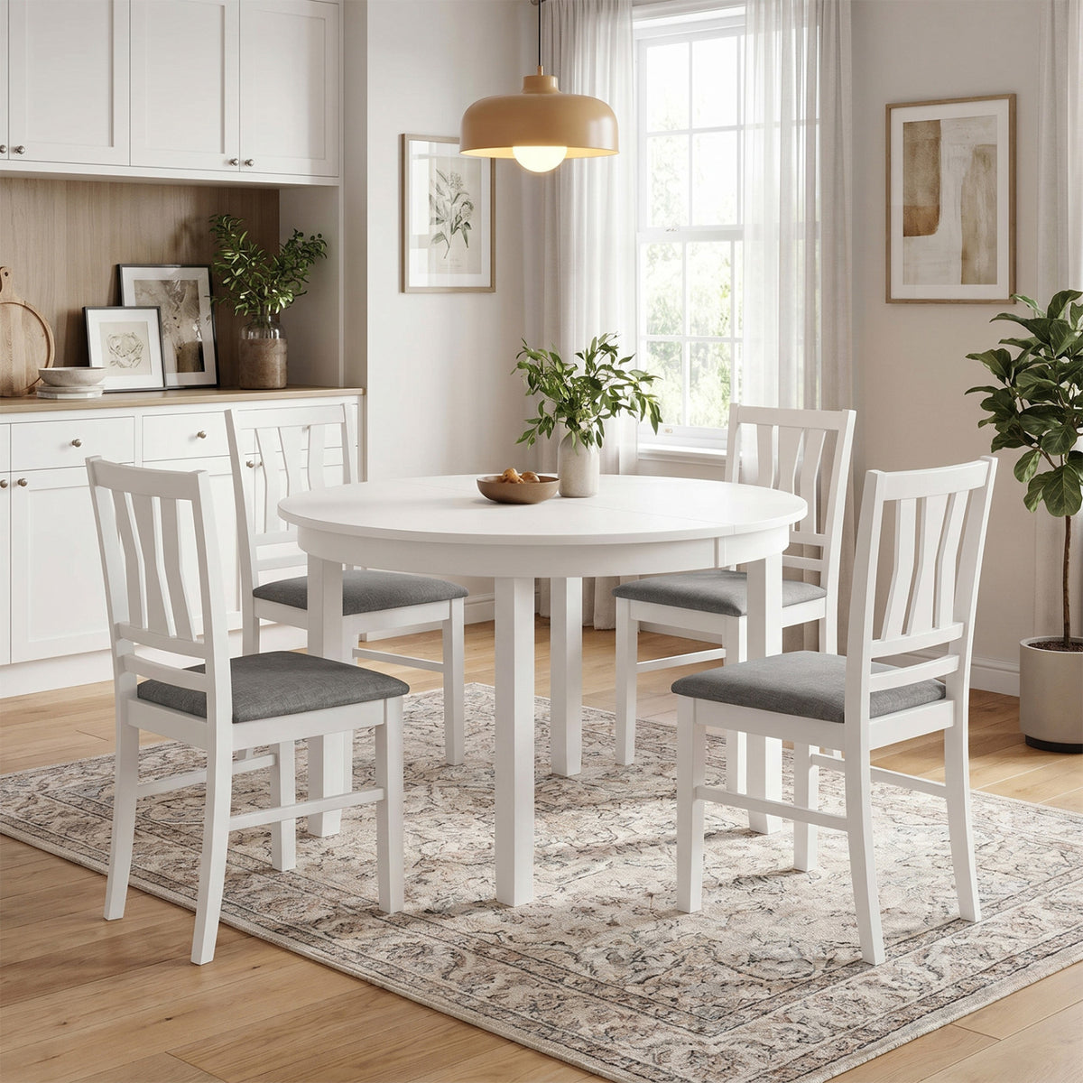 Set of 4 Linen Style Upholstered Kitchen Chairs with Wood Frames-White view 3