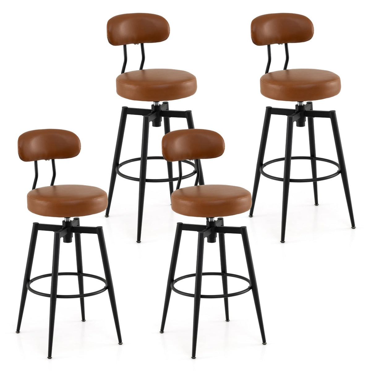 Set of 4 Swivel Barstools Faux Leather with Upholstered Seat and Back-Brown