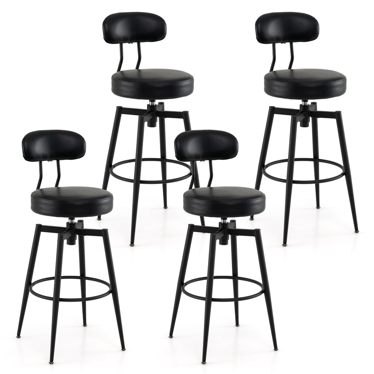 Set of 4 Swivel Barstools Faux Leather with Upholstered Seat and Back-Black