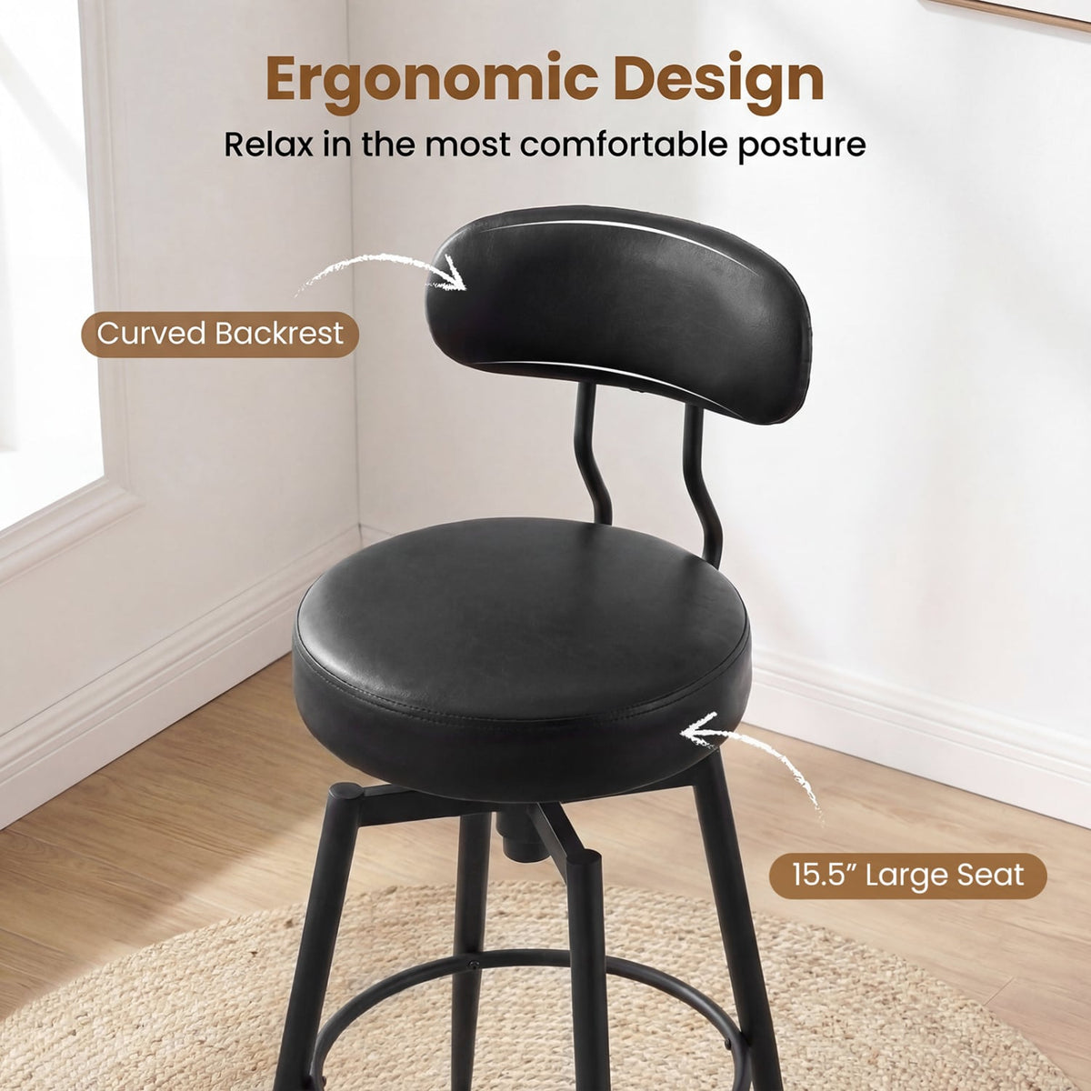 Set of 4 Swivel Barstools Faux Leather with Upholstered Seat and Back-Black view 8