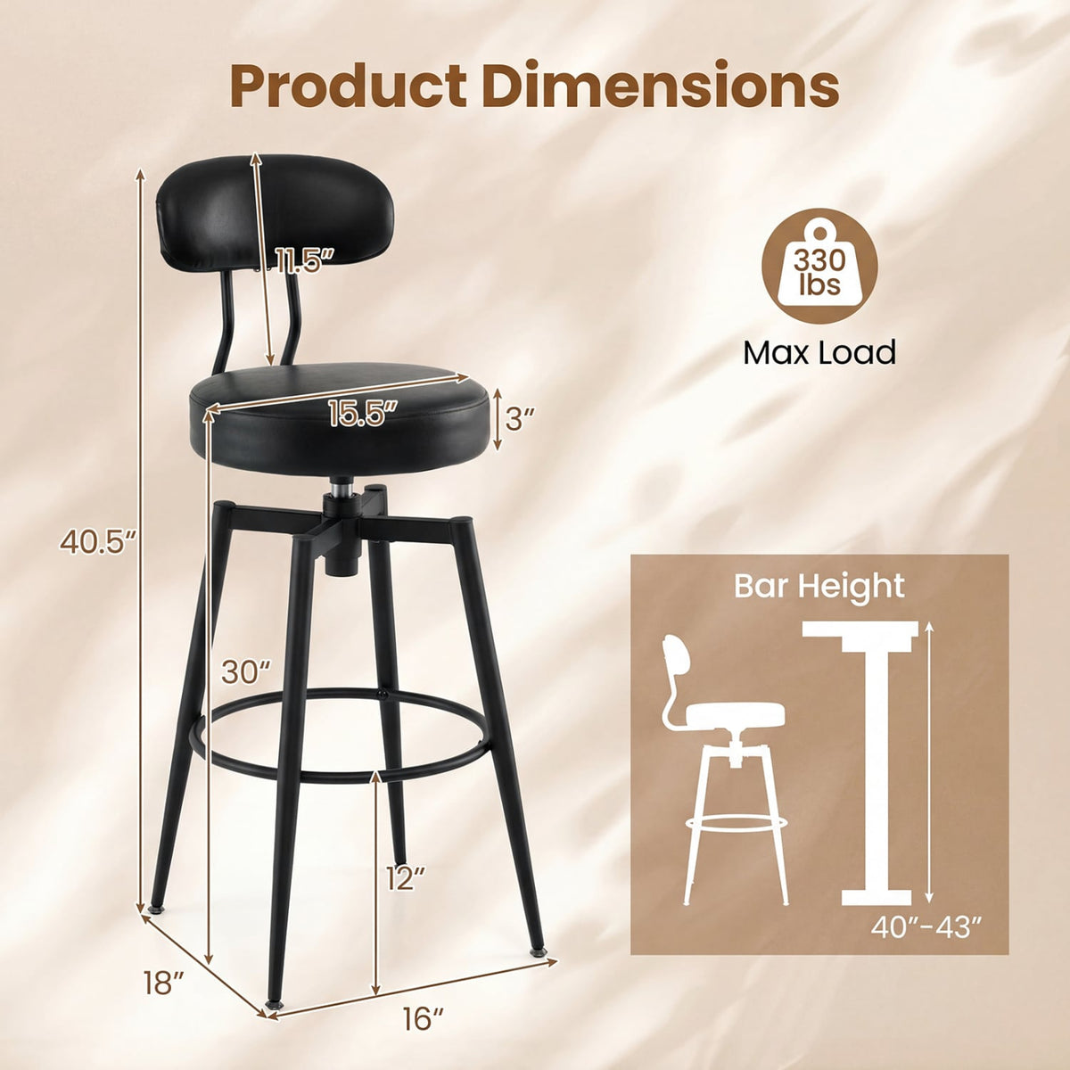 Set of 4 Swivel Barstools Faux Leather with Upholstered Seat and Back-Black view 4