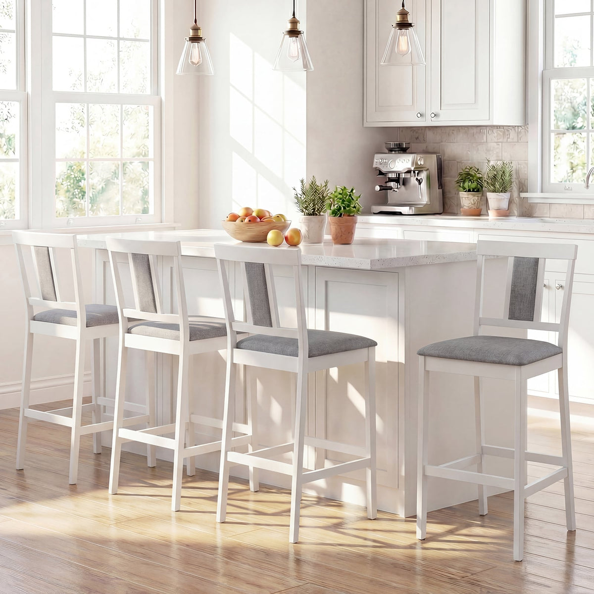 Set of 4 Upholstered Barstool 29.5 Inch Bar Height with Solid Rubber Wood Frame-White view 2