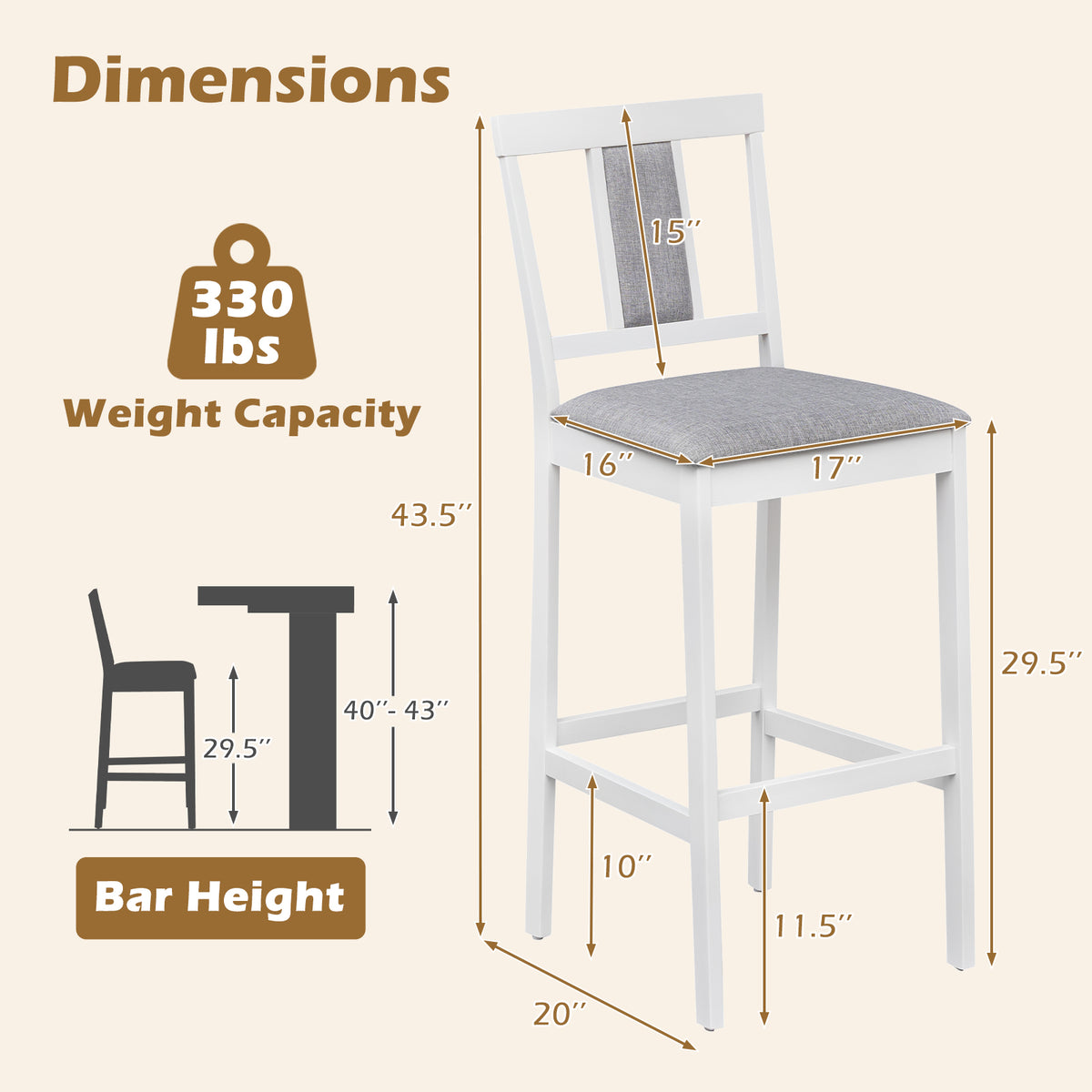 Set of 4 Upholstered Barstool 29.5 Inch Bar Height with Solid Rubber Wood Frame-White view 3