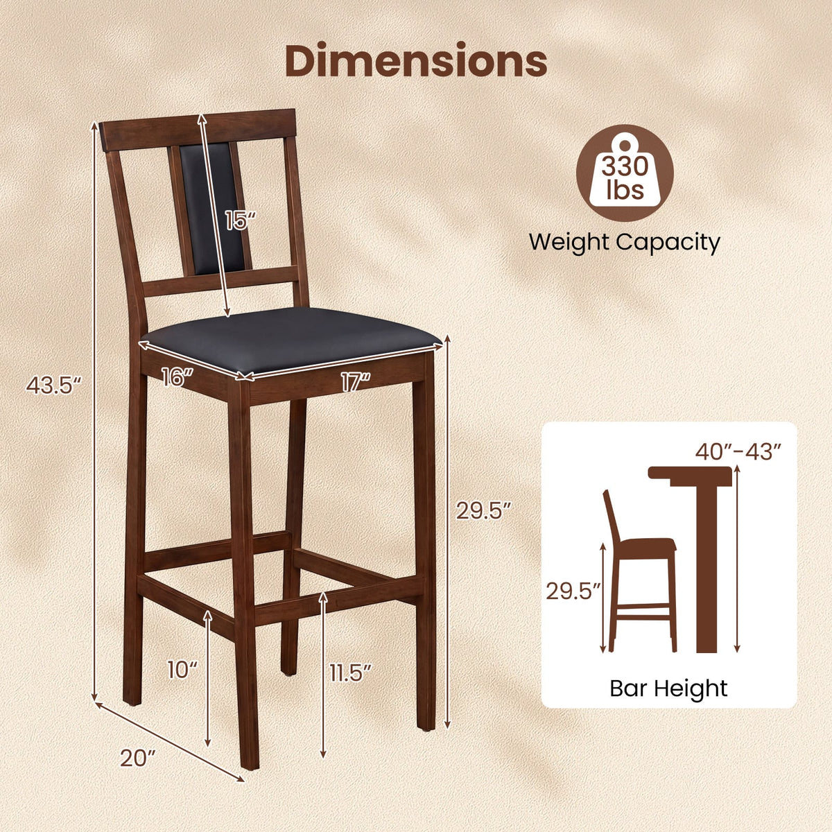 Set of 4 Upholstered Barstool 29.5 Inch Bar Height with Solid Rubber Wood Frame-Walnut view 3