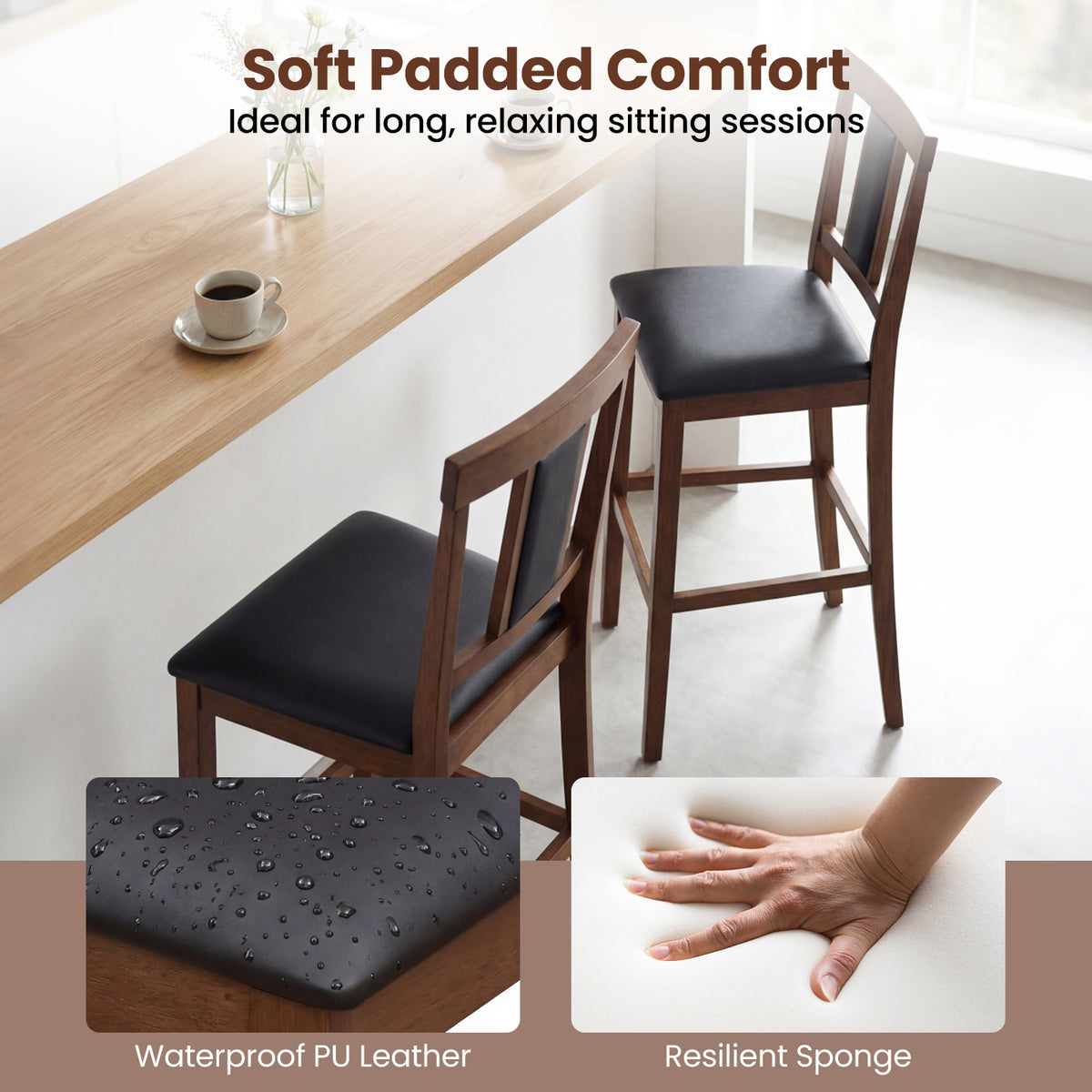 Set of 4 Upholstered Barstool 29.5 Inch Bar Height with Solid Rubber Wood Frame-Walnut view 4