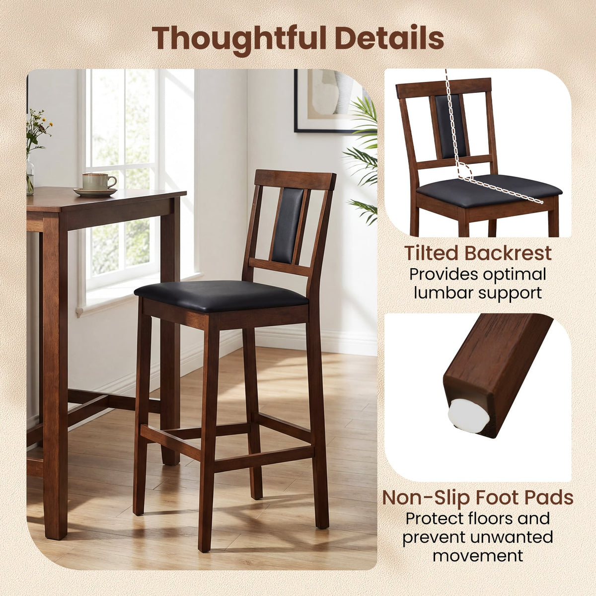 Set of 4 Upholstered Barstool 29.5 Inch Bar Height with Solid Rubber Wood Frame-Walnut view 7