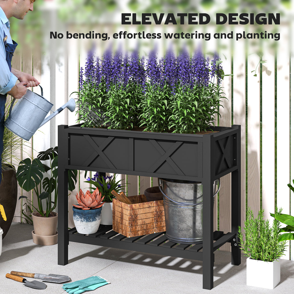 Wooden Raised Garden Bed, Elevated Planter Box with Storage Shelf, Drainage Holes and Liner – view 5