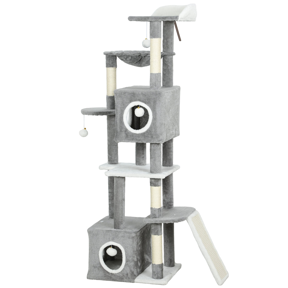 65 Inch Cat Tree with 2 Doors Condos, Plush Top Perch, Hammock, Sisal Scratching Posts, 4 Pompoms, Ramp