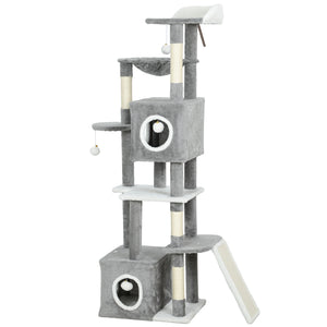65 Inch Cat Tree with 2 Doors Condos, Plush Top Perch, Hammock, Sisal Scratching Posts, 4 Pompoms, Ramp