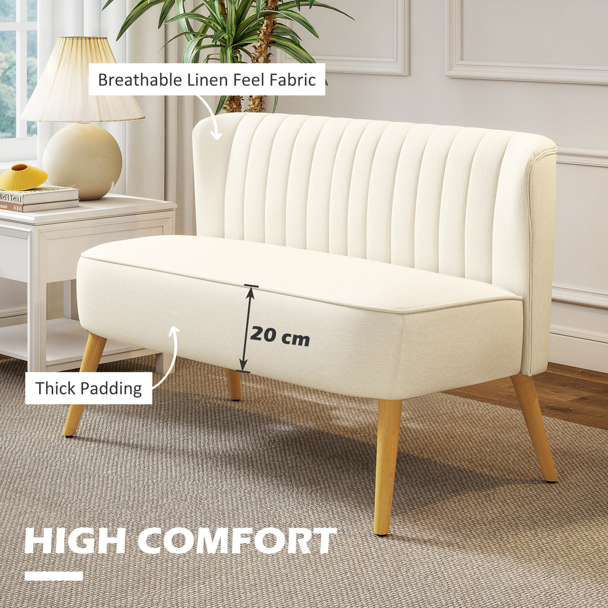 Modern 2 Seat Sofa for Bedroom, Upholstered Two Seater Couch with Rubber Wood Legs, Cream White
