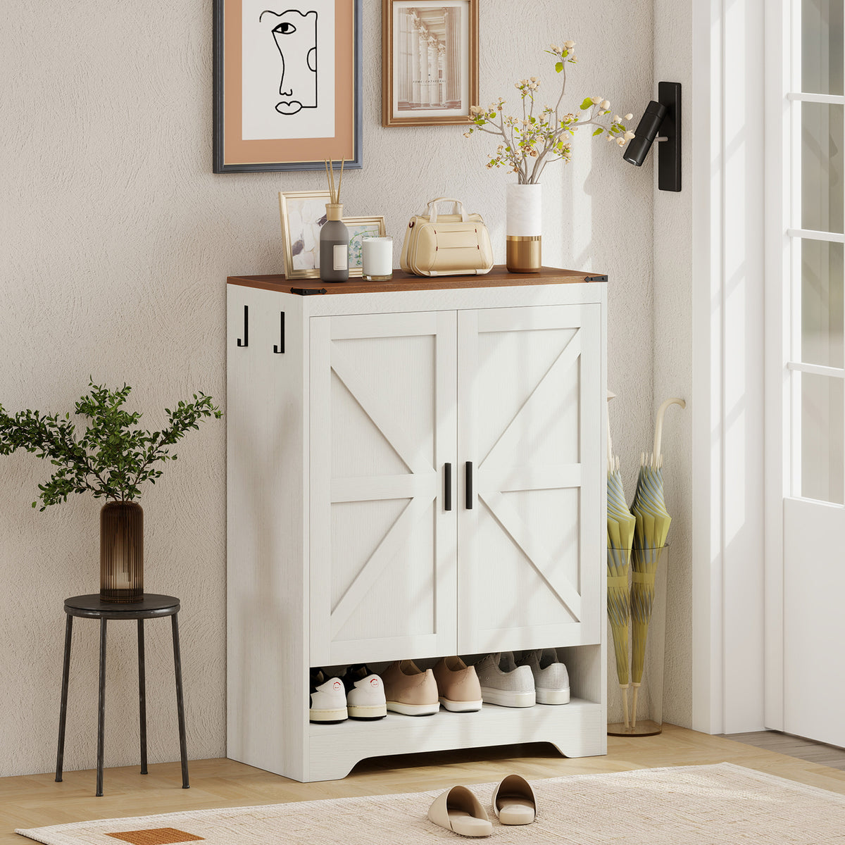 5-Tier Shoe Storage Cabinet for 15 Pairs, Freestanding Farmhouse Shoe Cabinet, White