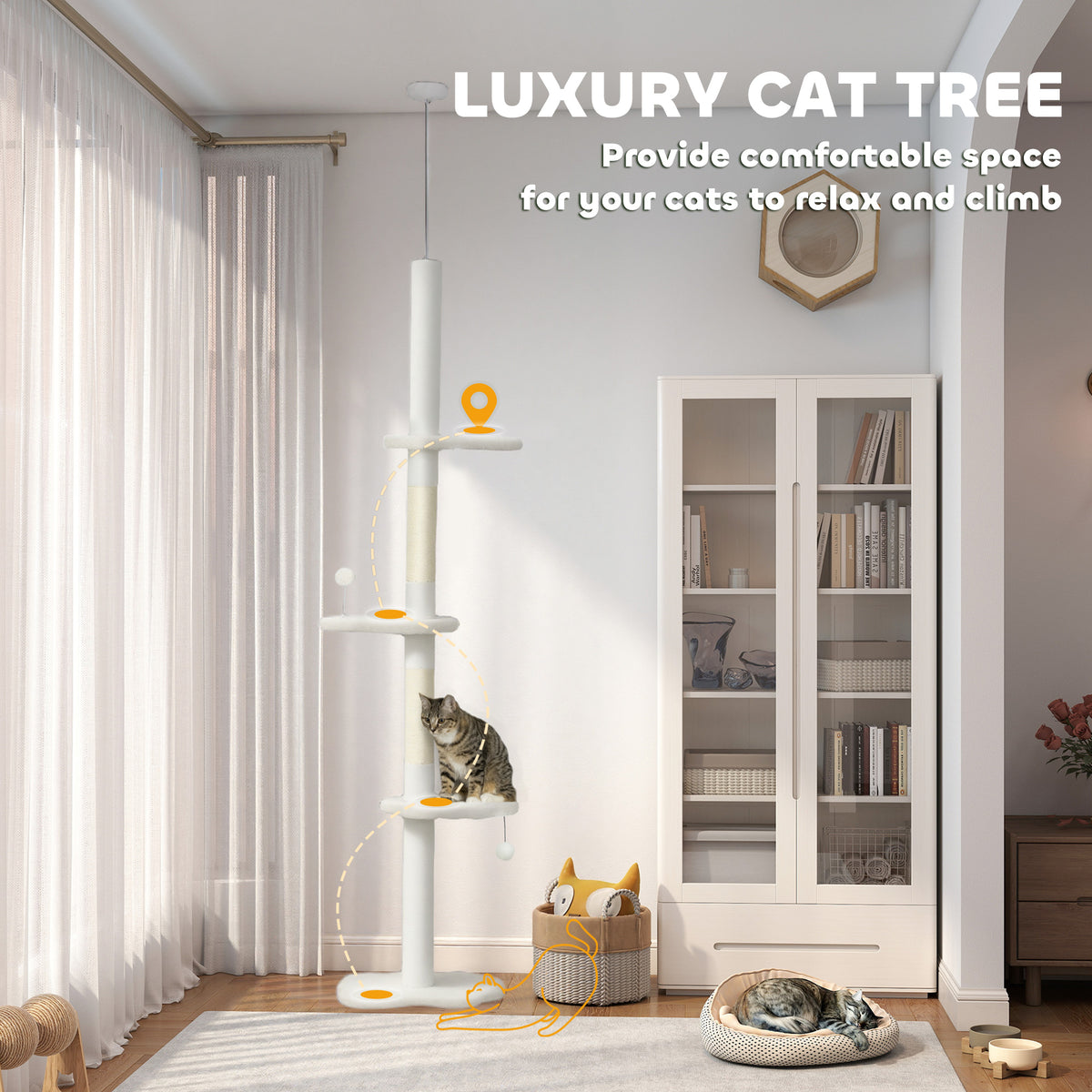 88.5"-100.5" Floor to Ceiling Cat Tree, Cat Tower with Scratching Posts, Cloud Shaped Platforms, Dangling Balls, Cream