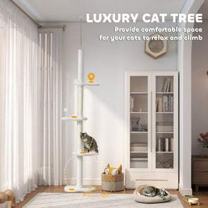88.5"-100.5" Floor to Ceiling Cat Tree, Cat Tower with Scratching Posts, Cloud Shaped Platforms, Dangling Balls, Cream