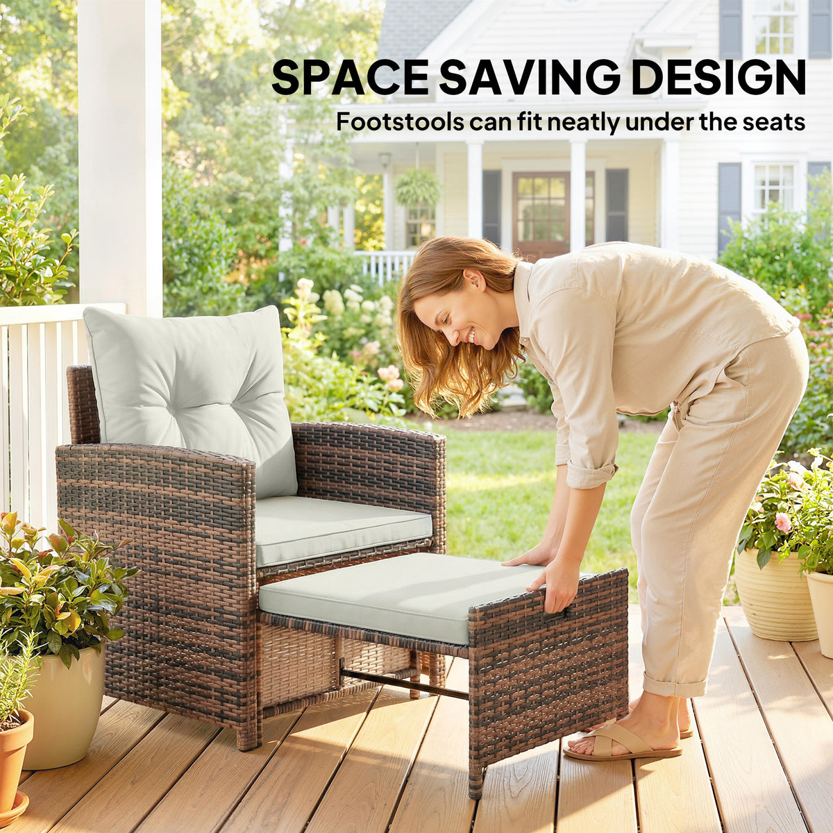 5 Piece Patio Furniture Set, Wicker Patio Chairs with Ottomans, 2-Tier Glass Coffee Table and Cushions – view 24