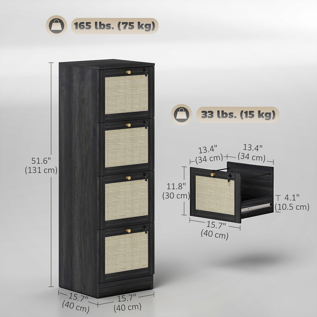 2 Drawer Filing Cabinet with Lock, Boho File Cabinet for A4 Letter Size Files with Decorative Rattan – view 30