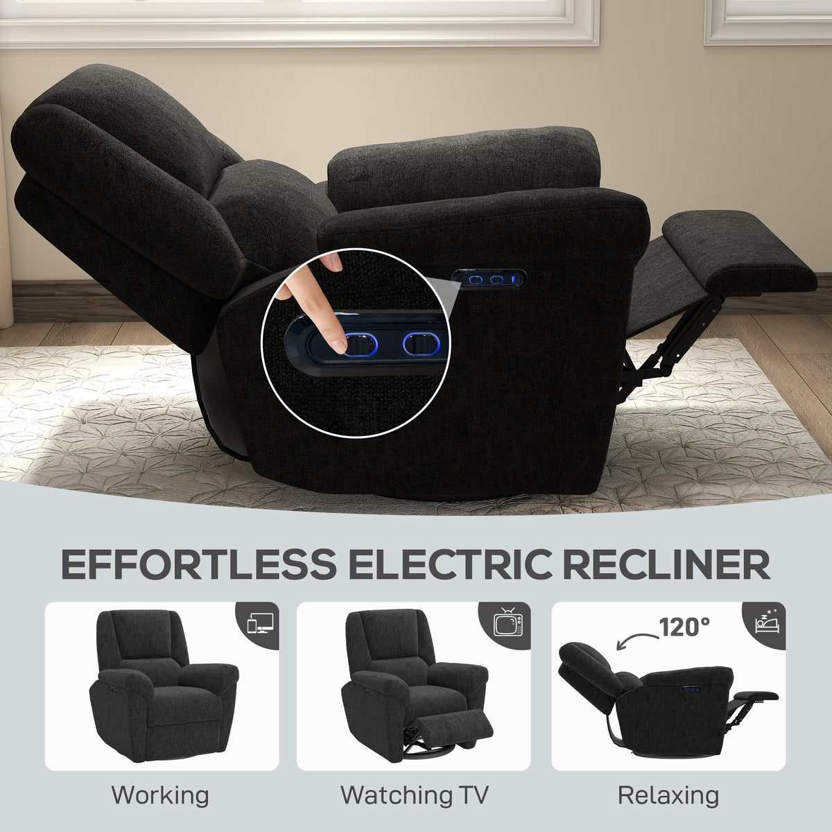 Power Recliner Chair, Fabric Upholstered Recliner Chair with USB Ports, Swivel and Rocking Function – view 3