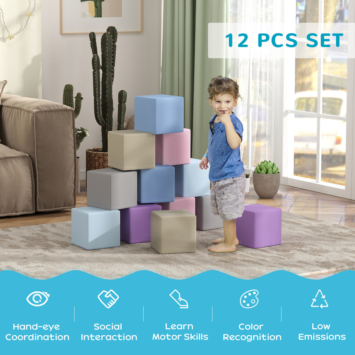 Soozier 12 Piece Soft Play Blocks Soft Foam Toy Building And Stacking Blocks - Multicolours