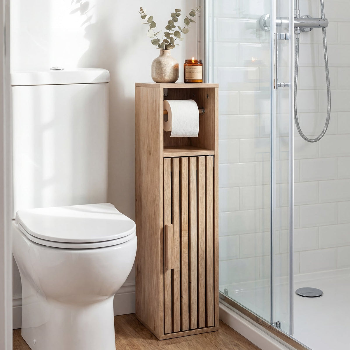 Slim Bathroom Cabinets Freestanding Toilet Paper Holder Stand with Door-Natural view 2