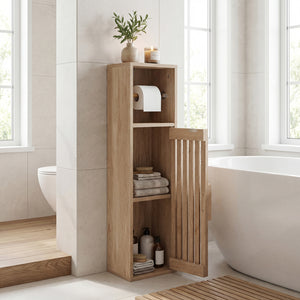 Slim Bathroom Cabinets Freestanding Toilet Paper Holder Stand with Door-Natural view 3