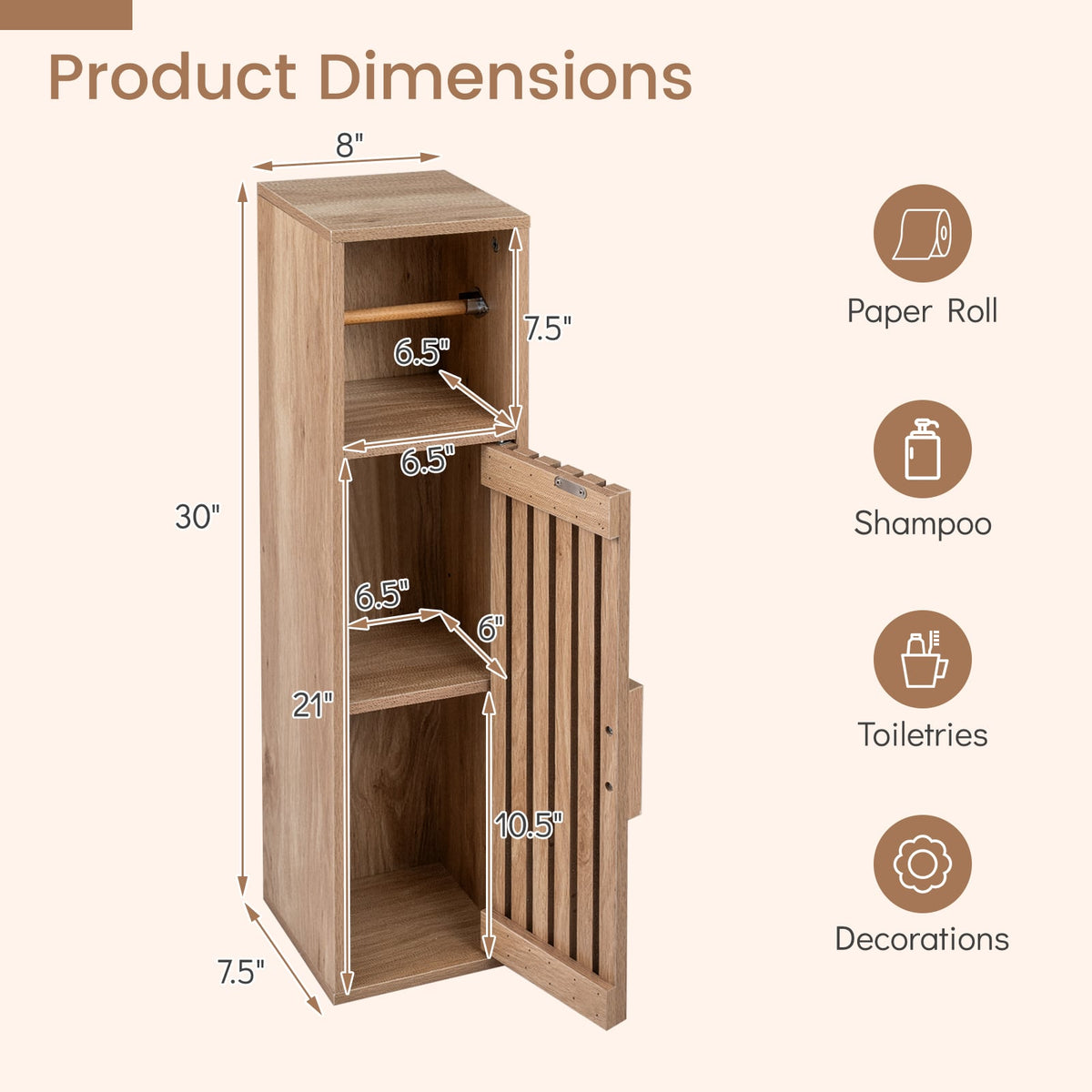 Slim Bathroom Cabinets Freestanding Toilet Paper Holder Stand with Door-Natural view 5