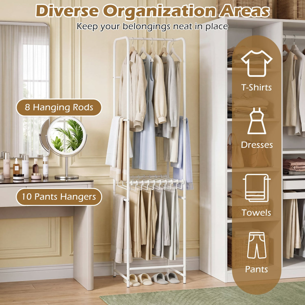 Slim Coat Rack Freestanding Garment Organizer with 8 Hanging Rods view 8