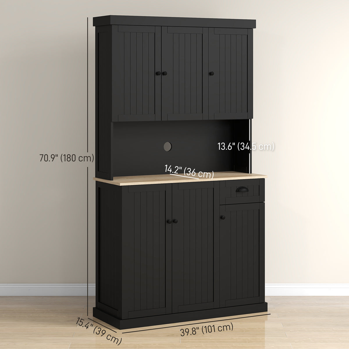 71" Kitchen Pantry Buffet with Hutch Storage Cabinet Microwave Oven Stand with Drawer, Black – view 2