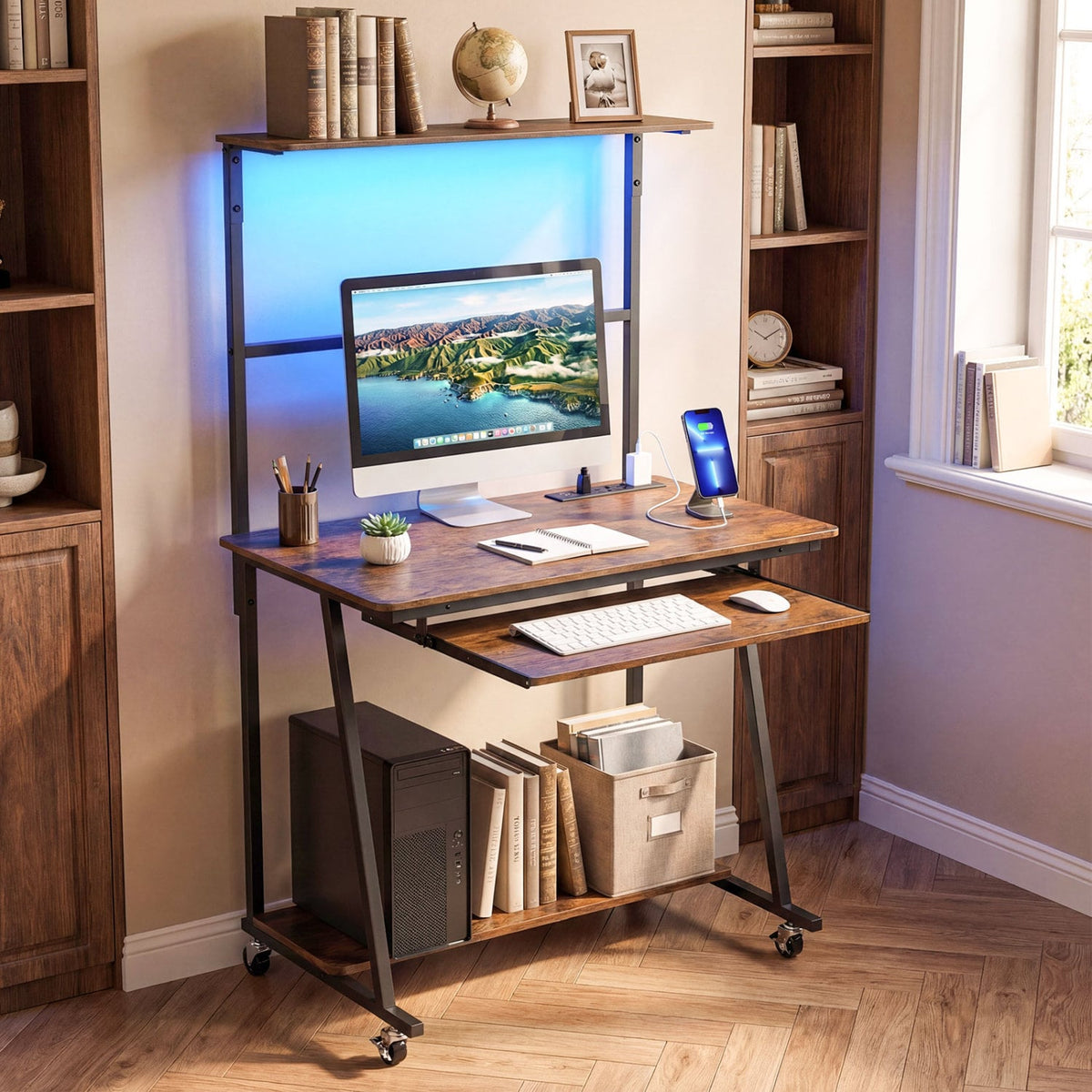 Small Computer Desk with Charging Station and LED Lights and Wheels-Rustic Brown view 2
