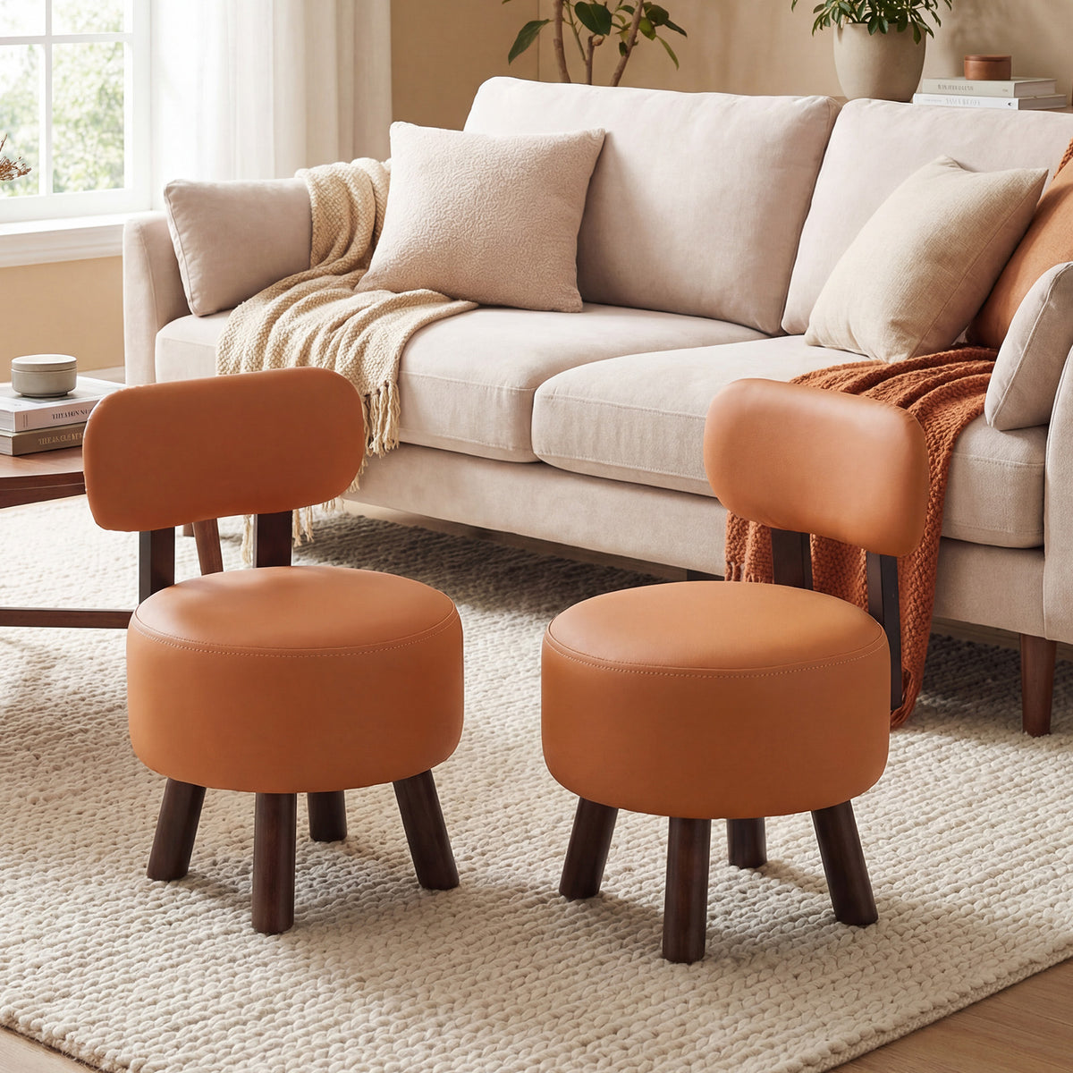 Small Footrest Stools Set of 2 Round Ottoman with Backrest-Orange view 2