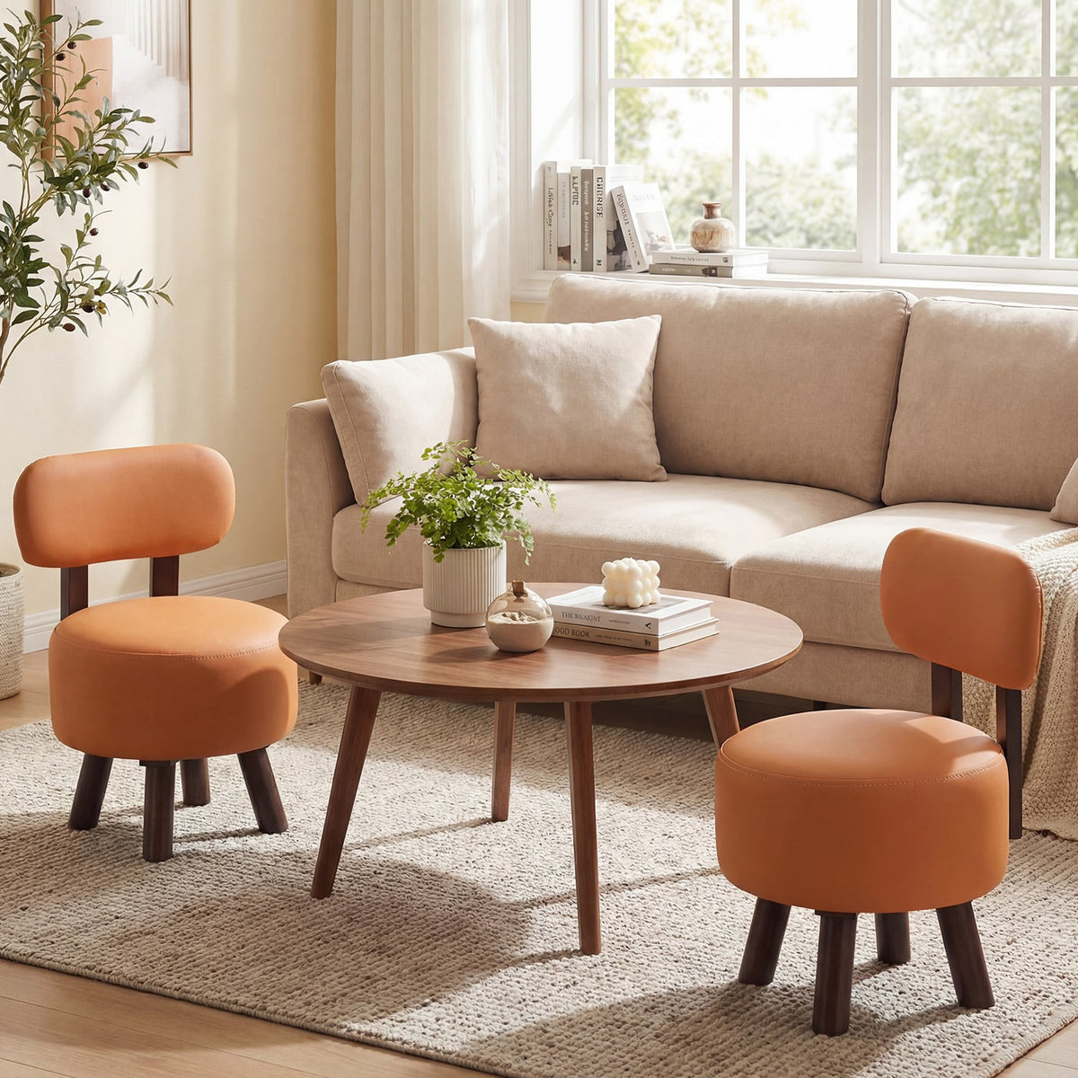 Small Footrest Stools Set of 2 Round Ottoman with Backrest-Orange view 3