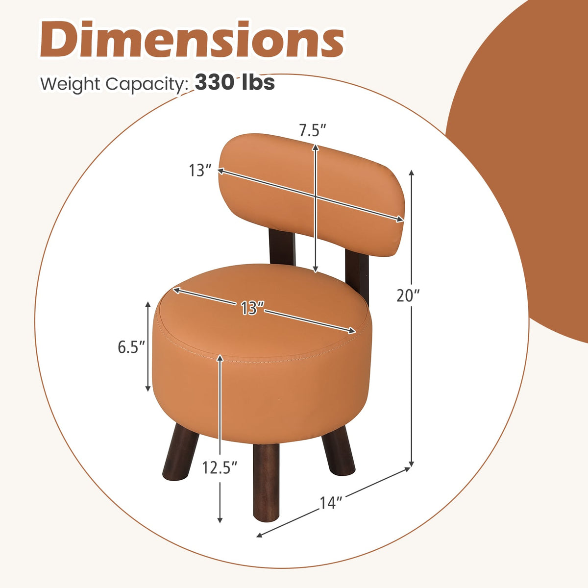 Small Footrest Stools Set of 2 Round Ottoman with Backrest-Orange view 5
