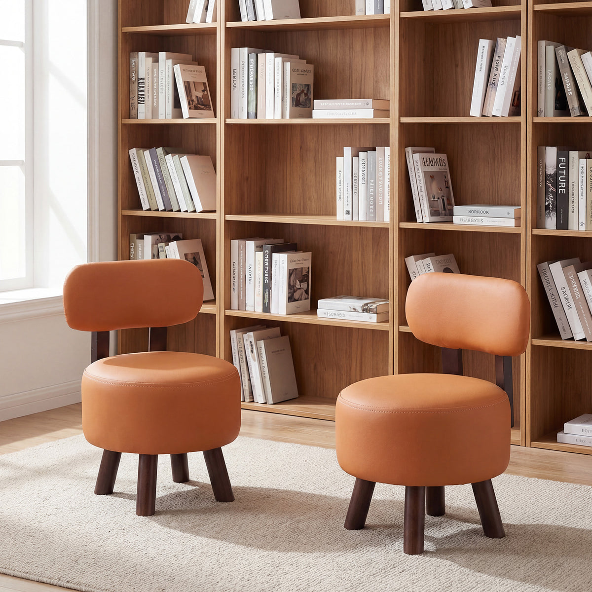 Small Footrest Stools Set of 2 Round Ottoman with Backrest-Orange view 6