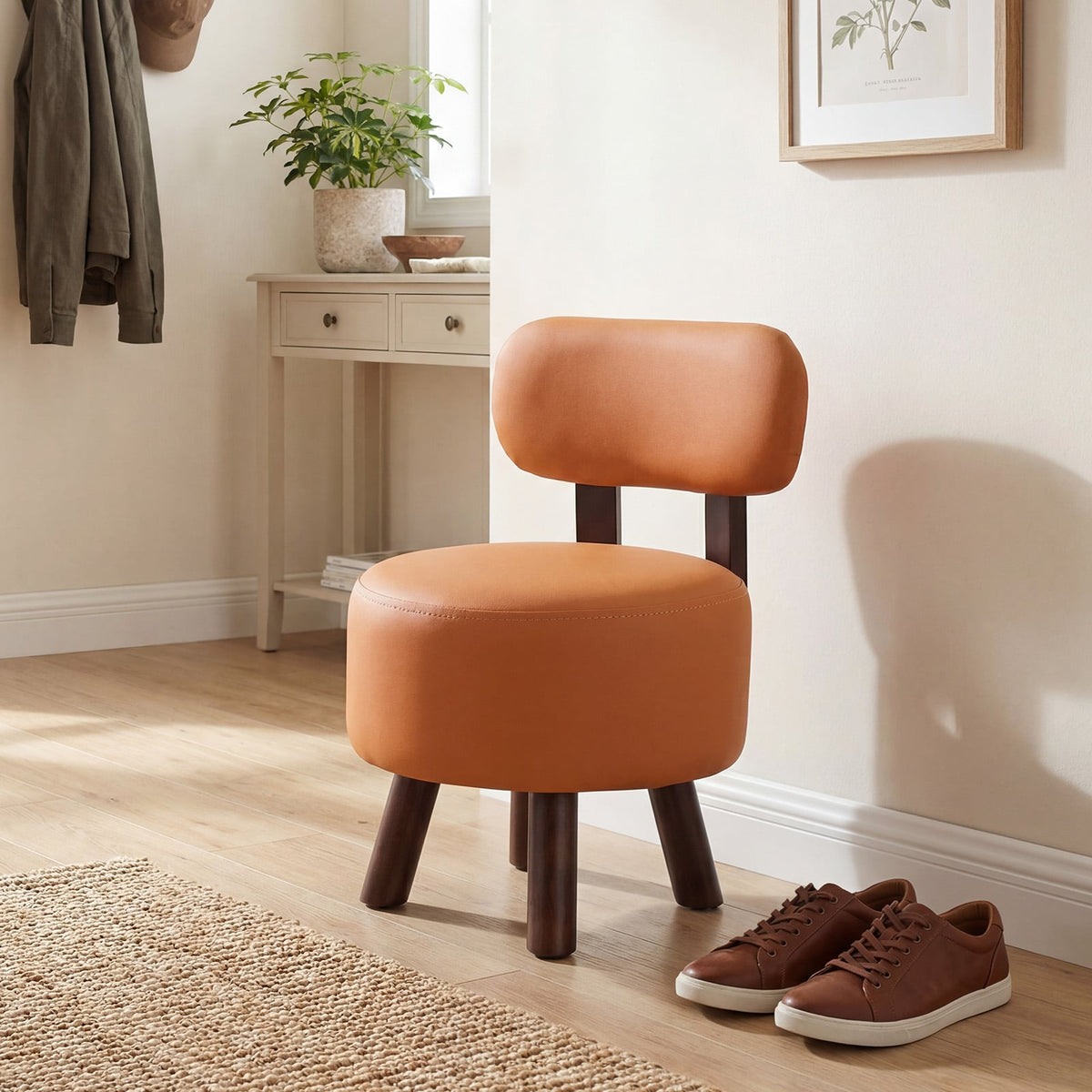 Small Footrest Stools Set of 2 Round Ottoman with Backrest-Orange view 7