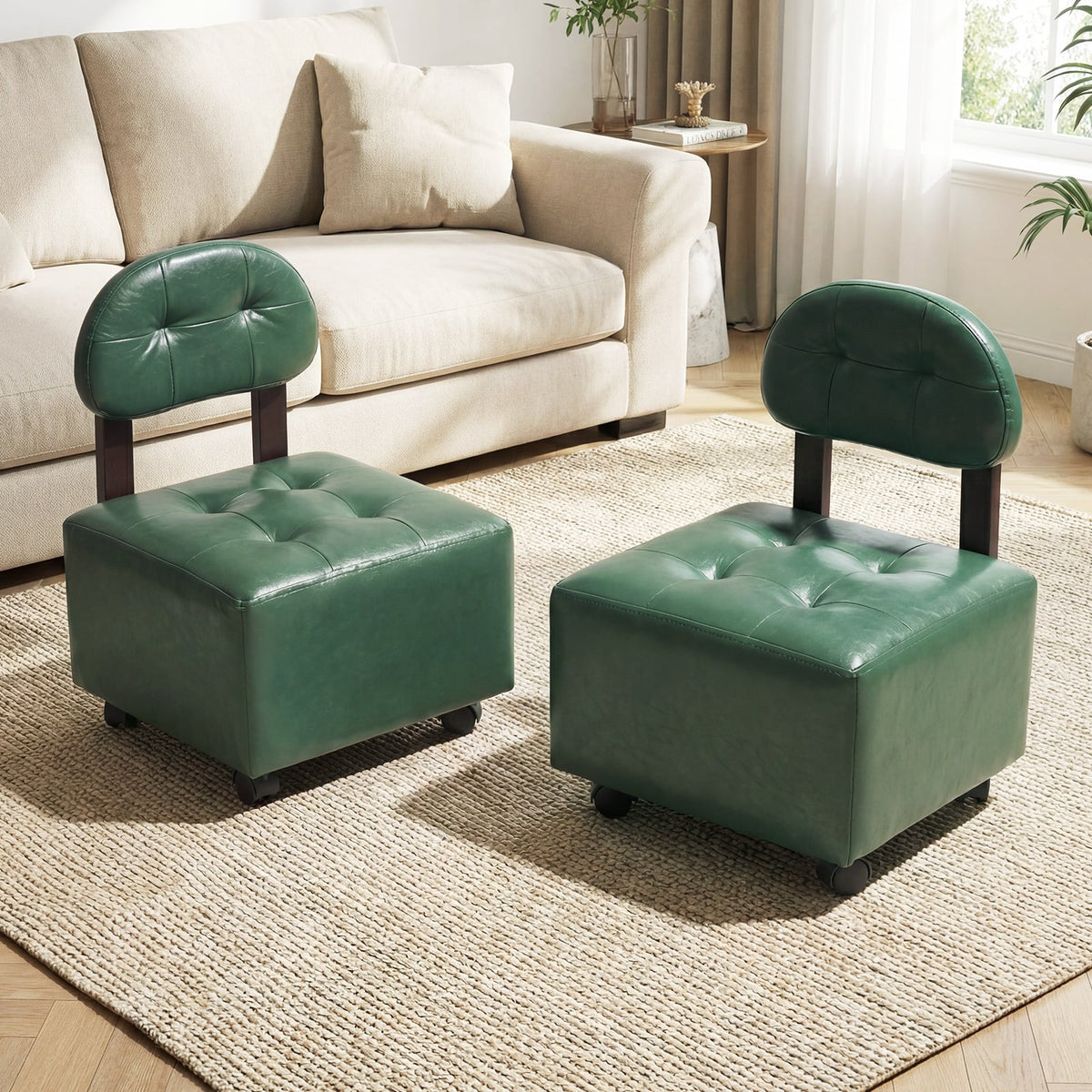 Small Rolling Footrest Stools Set of 2 with Lockable Wheels-Green view 3