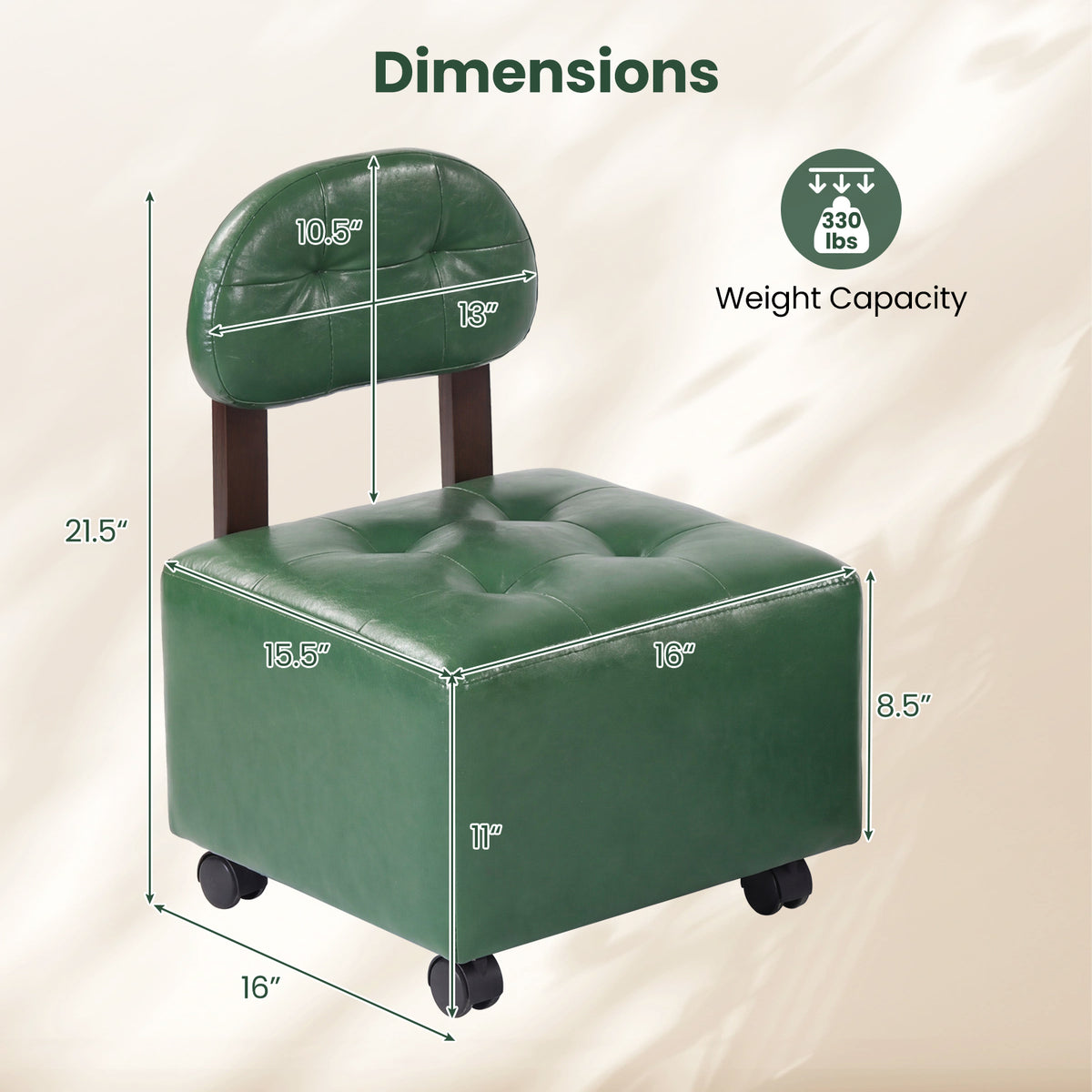 Small Rolling Footrest Stools Set of 2 with Lockable Wheels-Green view 5
