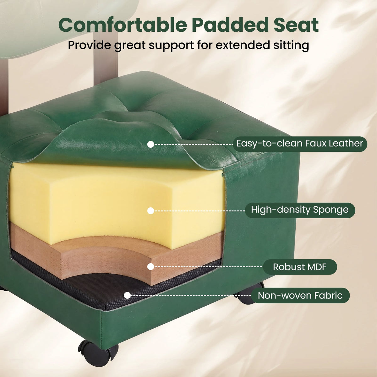 Small Rolling Footrest Stools Set of 2 with Lockable Wheels-Green view 8