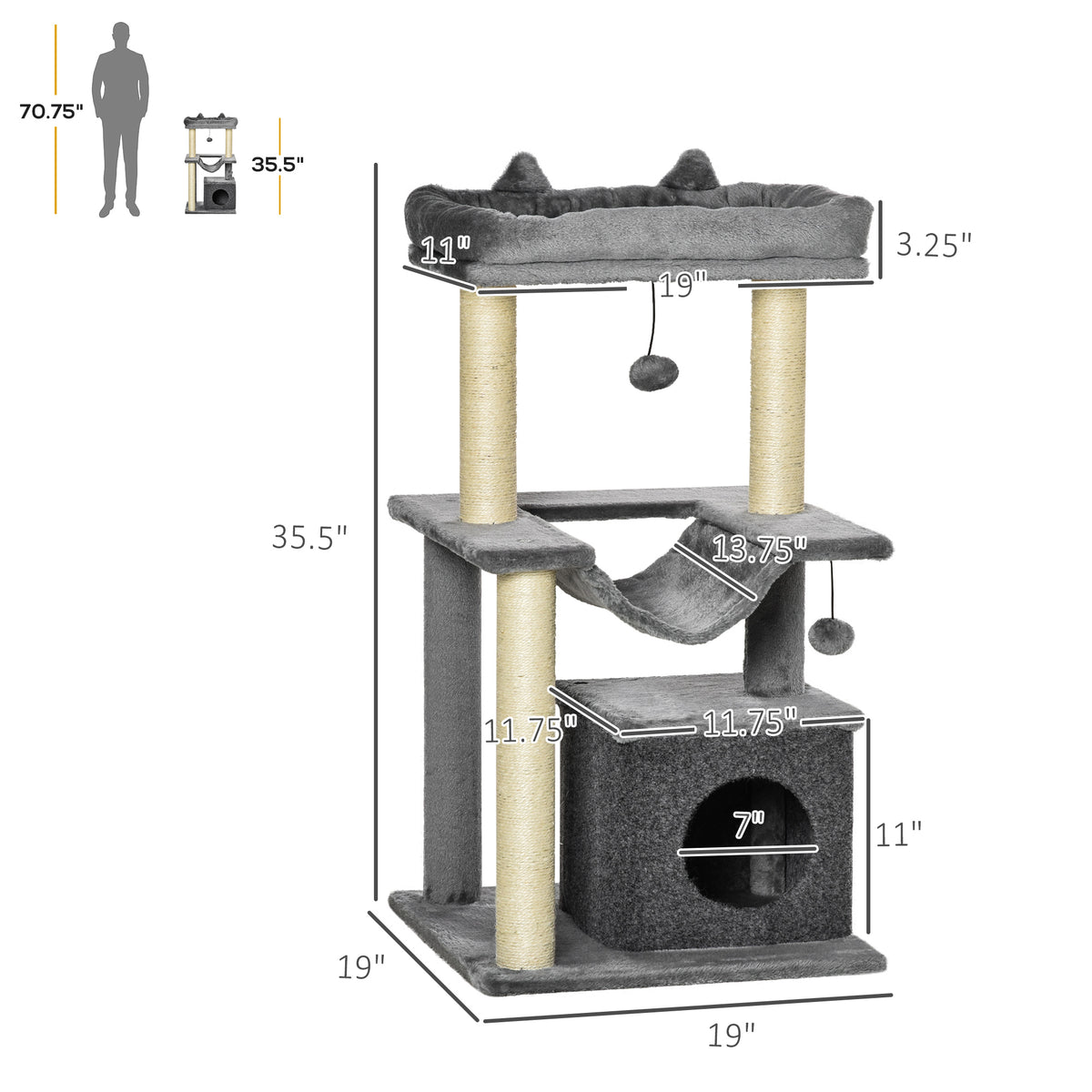 39.25'' Cat Tree Tower Multi-Level Kitten House with Scratching Post Condo Hammock Bed Ball Toy - Grey