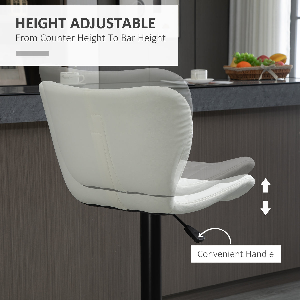 Bar Stools Set of 2 Adjustable Height Swivel Bar Chairs in PU Leather with Backrest & Footrest, White