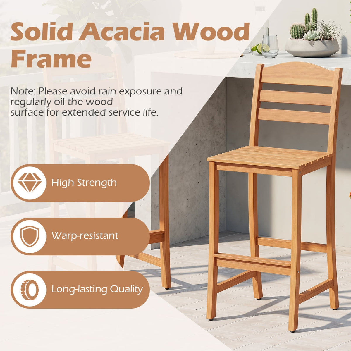 Solid Acacia Wood Bar Stools Heavy-duty Outdoor Barstools with 400 LBS Max Load view 6