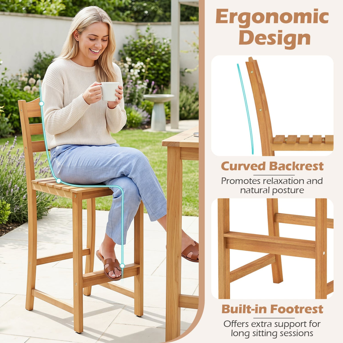 Solid Acacia Wood Bar Stools Heavy-duty Outdoor Barstools with 400 LBS Max Load view 7