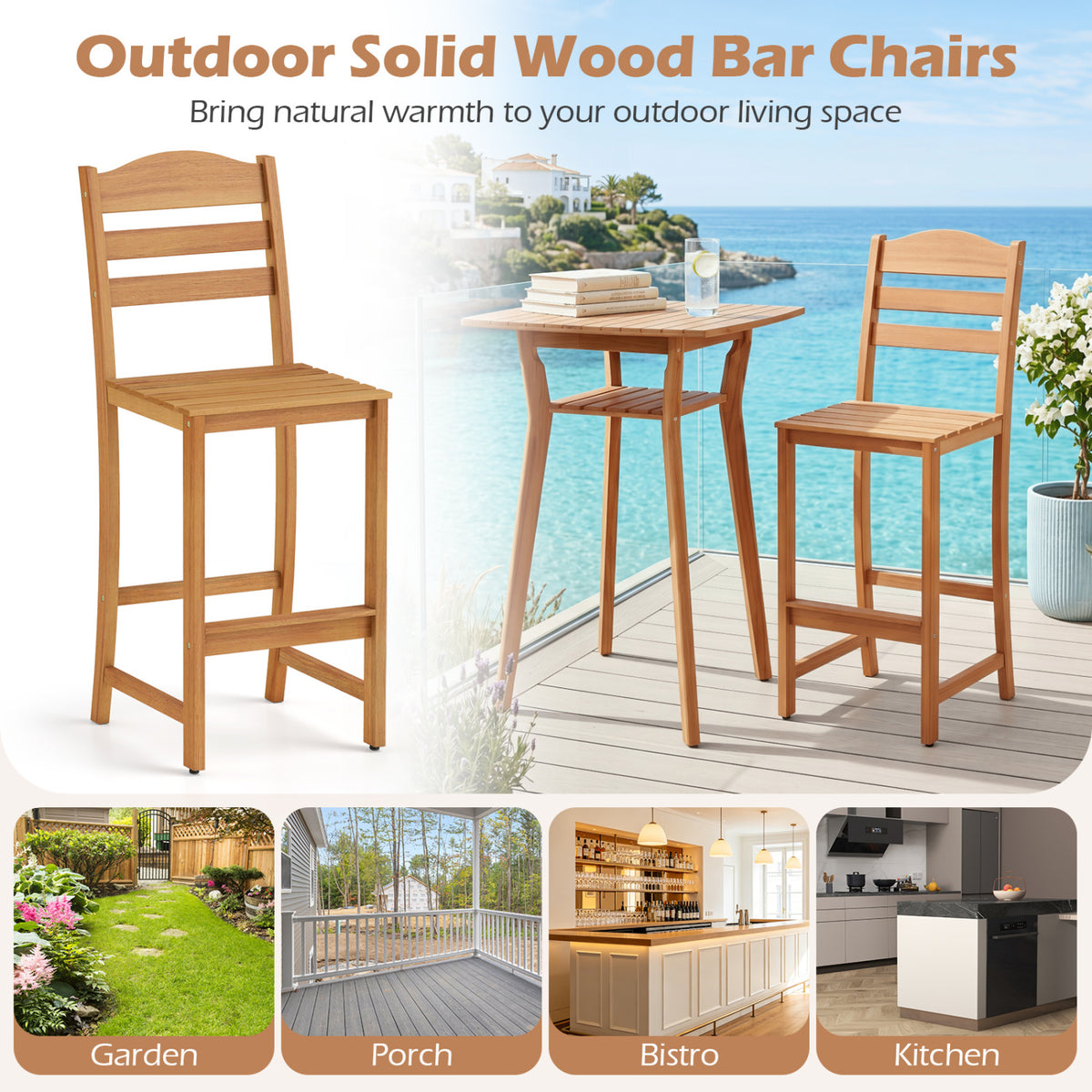 Solid Acacia Wood Bar Stools Heavy-duty Outdoor Barstools with 400 LBS Max Load view 8