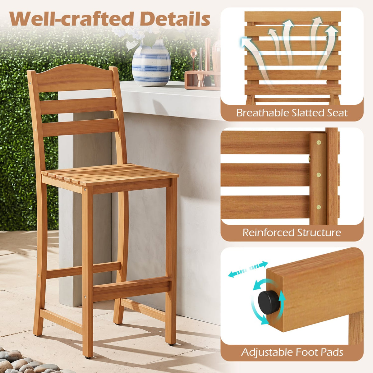 Solid Acacia Wood Bar Stools Heavy-duty Outdoor Barstools with 400 LBS Max Load view 9