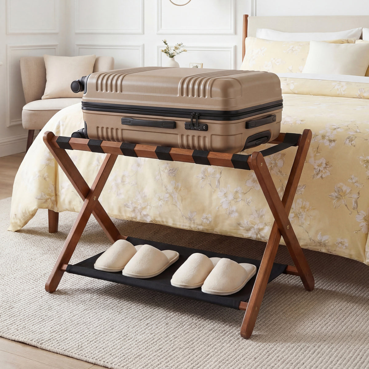 Solid Rubberwood Folding Luggage Rack with Nylon Shelves-Brown view 2