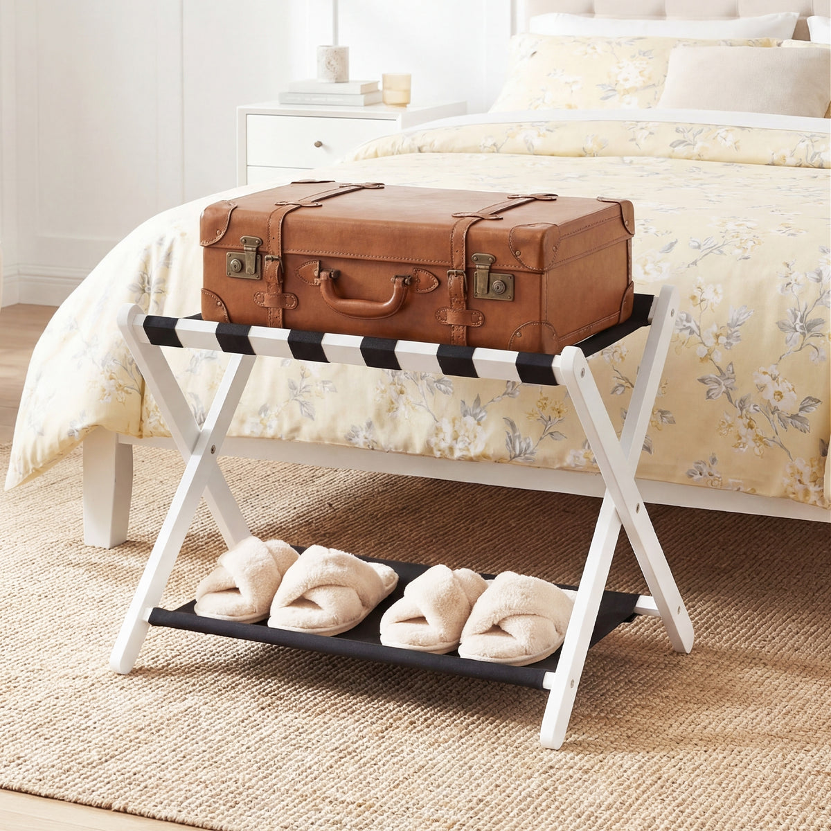 Solid Rubberwood Folding Luggage Rack with Nylon Shelves-White view 2