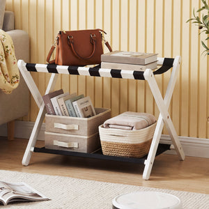 Solid Rubberwood Folding Luggage Rack with Nylon Shelves-White view 3