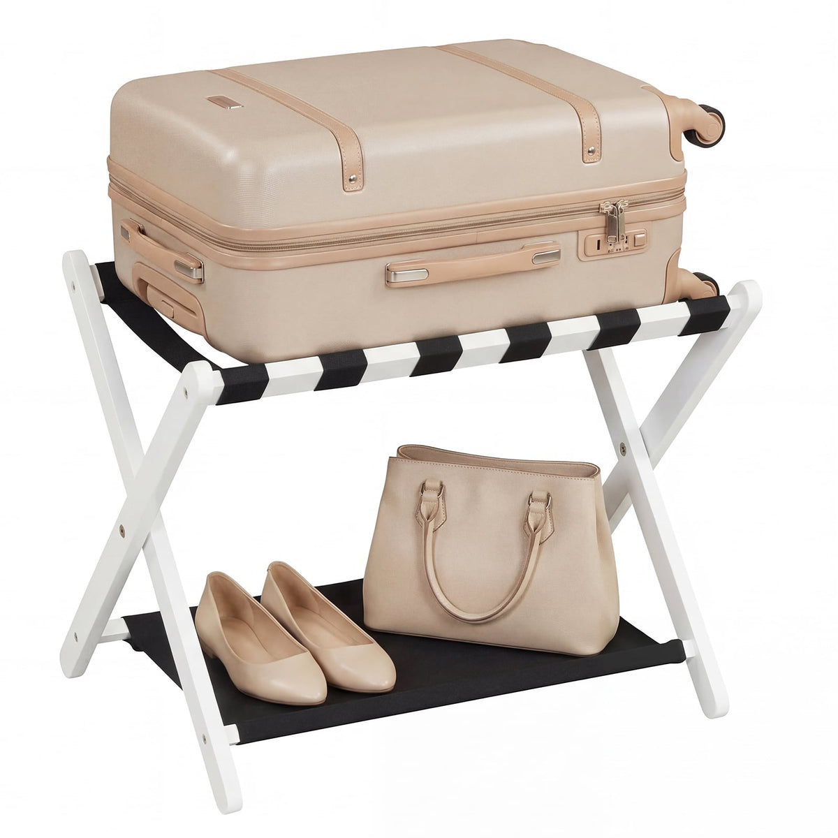 Solid Rubberwood Folding Luggage Rack with Nylon Shelves-White view 4