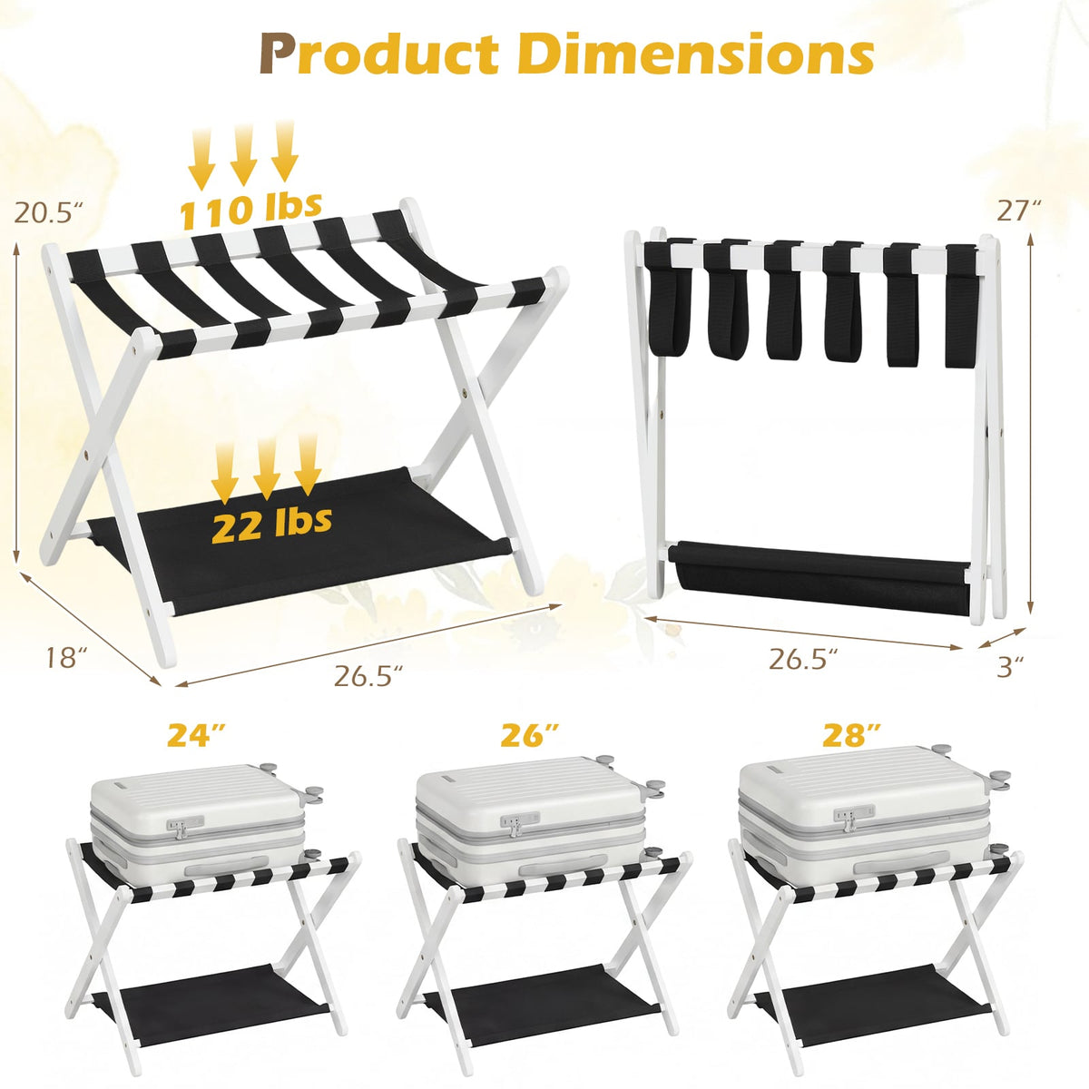 Solid Rubberwood Folding Luggage Rack with Nylon Shelves-White view 5