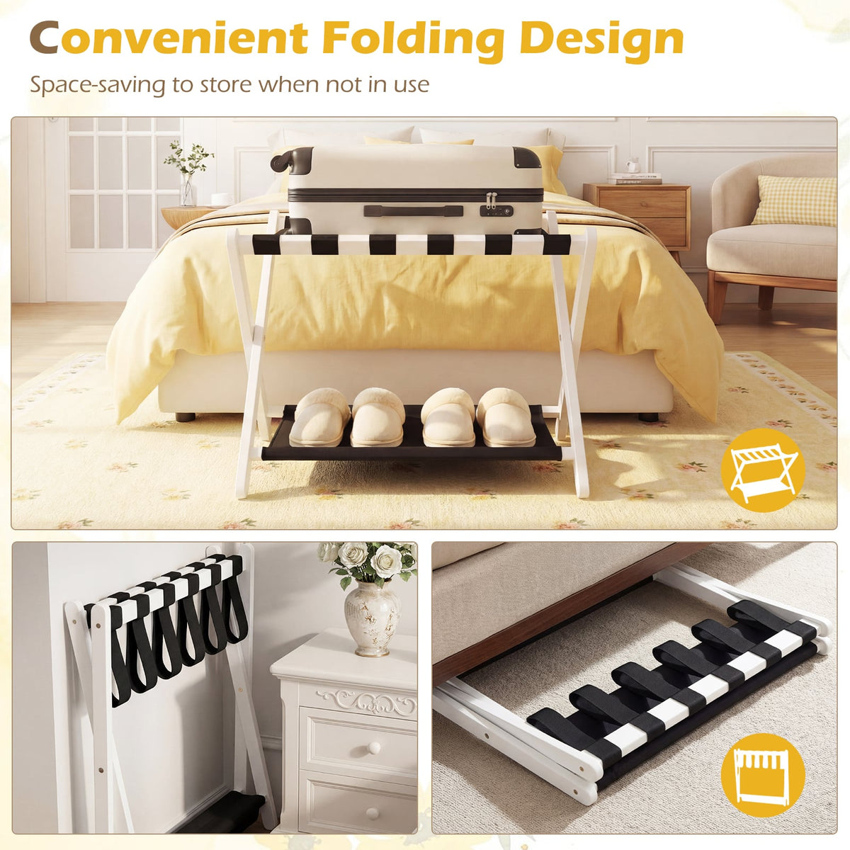 Solid Rubberwood Folding Luggage Rack with Nylon Shelves-White view 7