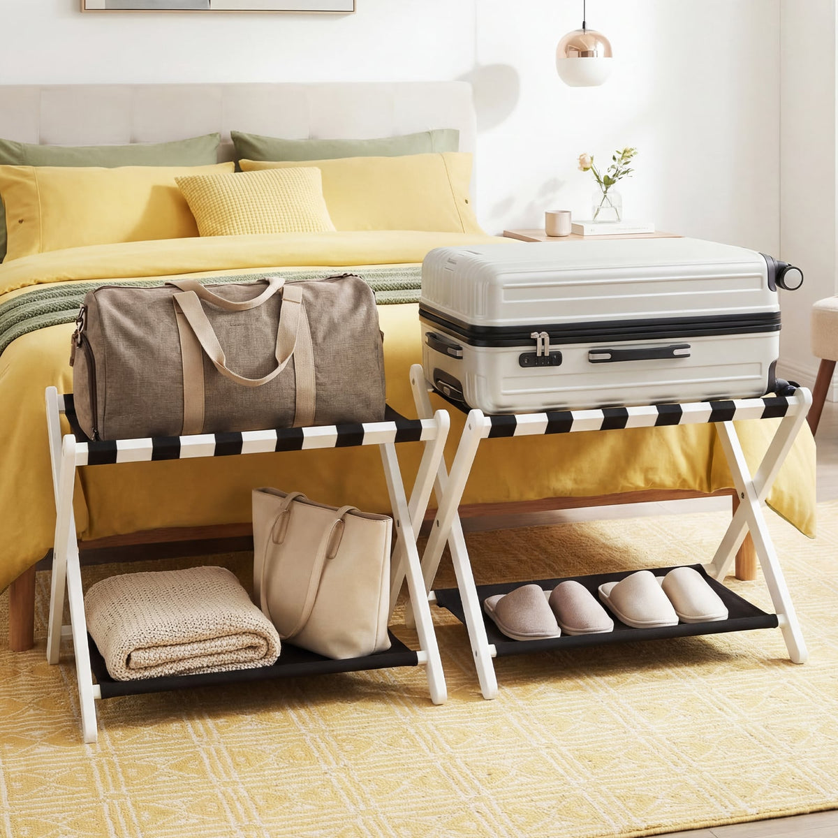 Solid Rubberwood Folding Luggage Rack with Nylon Shelves Set of 2-White view 2